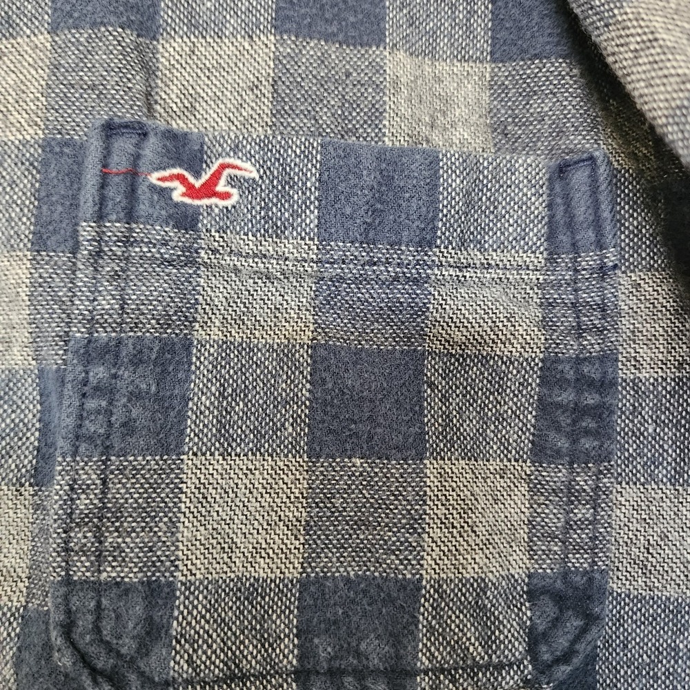 Hollister California Plaid Flannel Shirt Mens Large Blue Gray Button Front Logo - Picture 4 of 10